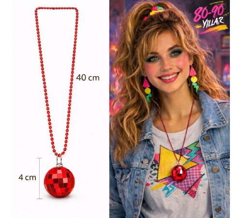 Retro Disko Topu Şekilli 80'ler 90'lar Kırmızı Renk Plastik Kolye