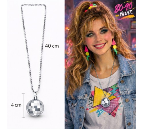 Retro Disko Topu Şekilli 80'ler 90'lar Gümüş Renk Plastik Kolye