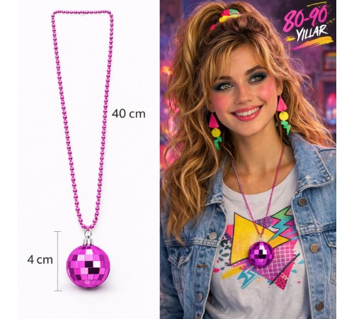 Retro Disko Topu Şekilli 80'ler 90'lar Fuşya Pembe Renk Plastik Kolye