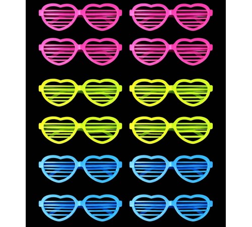 Retro Neon Fosforlu Kalp Panjur Gözlük 12 Adet – 80’ler 90’lar Parti Stili