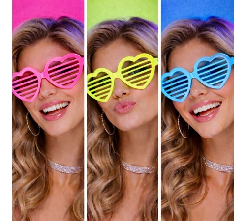 Retro Neon Fosforlu Kalp Panjur Gözlük 12 Adet – 80’ler 90’lar Parti Stili