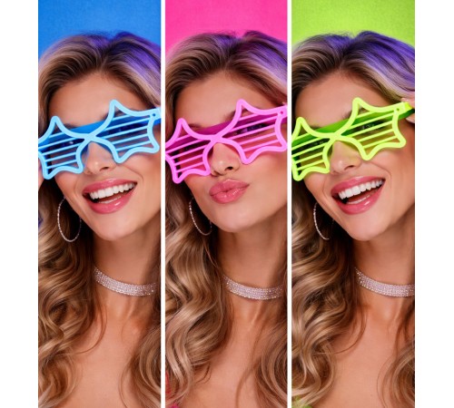 Retro Neon Fosforlu Yıldız Panjur Gözlük 12 Adet – 80’ler 90’lar Parti Stili