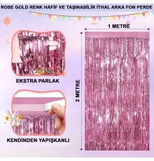 Rose Gold Renk Ekstra Metalize Parlak Saçaklı Arka Fon Perde İthal A Kalite 1x2 Metre