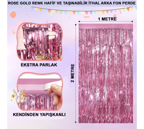 Rose Gold Renk Ekstra Metalize Parlak Saçaklı Arka Fon Perde İthal A Kalite 1x2 Metre