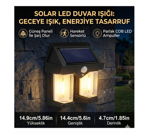 Rustik Ampul İkili Solar Duvar Aplik Güneş Enerjili Hareket Sensörlü