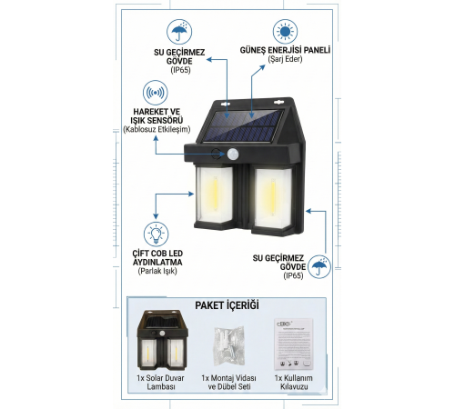 Rustik Ampul İkili Solar Duvar Aplik Güneş Enerjili Hareket Sensörlü