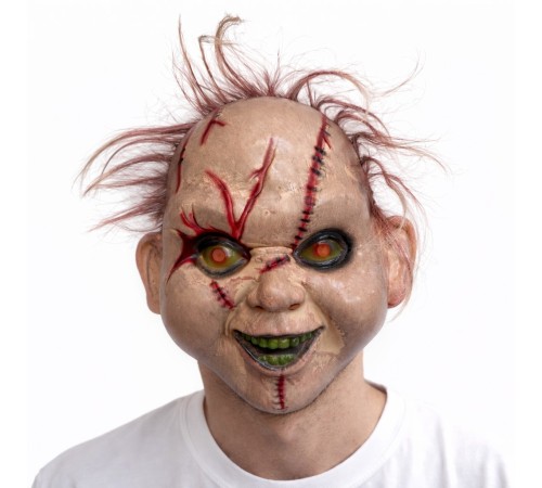 Saçlı Çaki Yeşil Göz Korku Maskesi – Gerçekçi Dikişli ve Detaylı Maske