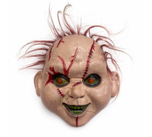 Saçlı Çaki Yeşil Göz Korku Maskesi – Gerçekçi Dikişli ve Detaylı Maske