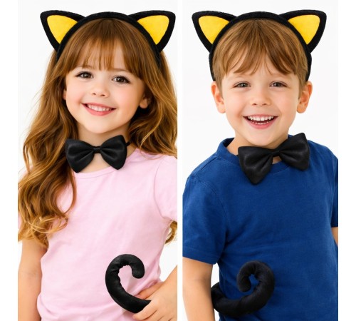 Sarı Kulaklı Kedi Kostüm Seti – Taç Papyon Kuyruk 3 Parça