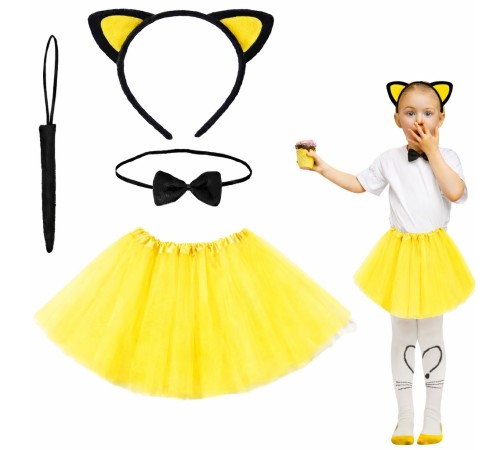 Sarı Renk Etekli Kedi Kostüm Seti (Tütü, Taç, Papyon, Kuyruk)