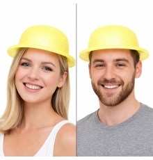 Sarı Simli Melon Şapka | İnce Plastik Glitter Yetişkin Parti Şapkası