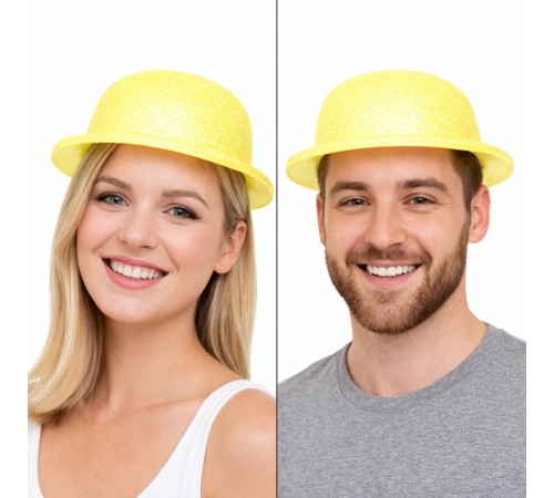 Sarı Simli Melon Şapka | İnce Plastik Glitter Yetişkin Parti Şapkası