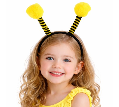 Sarı Siyah Arı Antenli Taç - Çocuk Arı Tacı Mega Ponponlu