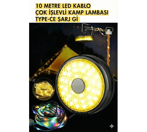 Şarjlı 10 Metre Ledli Şarj Göstergeli 8 Işık Modlu Hareketli Ve Flaşör Modlu Kamp Lambası Led Işık