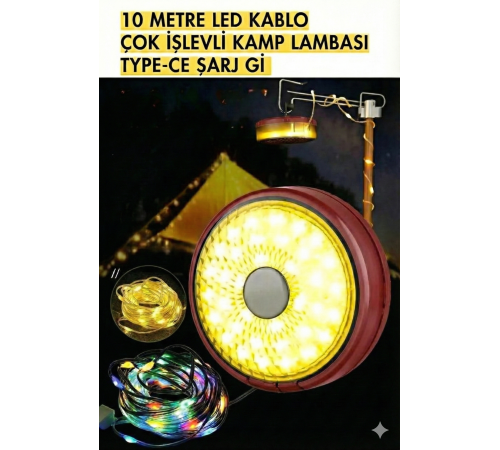 Şarjlı 10 Metre Ledli Şarj Göstergeli 8 Işık Modlu Hareketli Ve Flaşör Modlu Kamp Lambası Led Işık