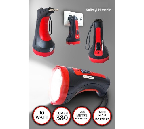 Şarjlı 10w Projektör Led El Feneri 2 Mod Aydınlatmalı Uzun Menzil Güvenlik Bekçi Polis Feneri Işıldak