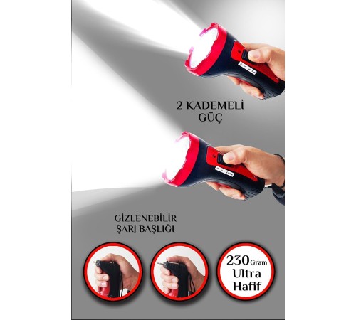 Şarjlı 10w Projektör Led El Feneri 2 Mod Aydınlatmalı Uzun Menzil Güvenlik Bekçi Polis Feneri Işıldak