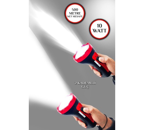 Şarjlı 10w Projektör Led El Feneri 2 Mod Aydınlatmalı Uzun Menzil Güvenlik Bekçi Polis Feneri Işıldak