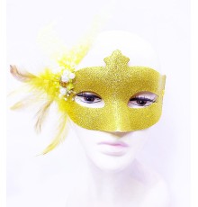 Sim İşlemeli İnci Boncuk Detaylı Tüylü Balo Maskesi Altın Renk 13x18 cm