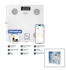 YAĞ ÖLÇERAKILLI BLUETOOTH CAM BASKÜL PİLLİ 180KG/50GR 28X28CM 8-KİŞİ HAFIZA LCD EKRAN GÖSTERGE SBS-4467
