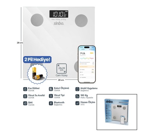YAĞ ÖLÇERAKILLI BLUETOOTH CAM BASKÜL PİLLİ 180KG/50GR 28X28CM 8-KİŞİ HAFIZA LCD EKRAN GÖSTERGE SBS-4467