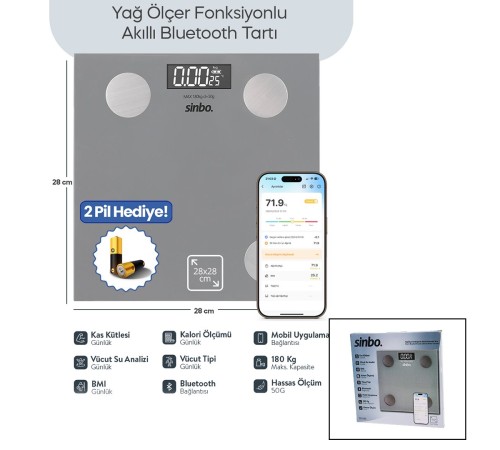 BASKÜL GRİ YAĞ ÖLÇER AKILLI BLUETOOTH CAM BASKÜL