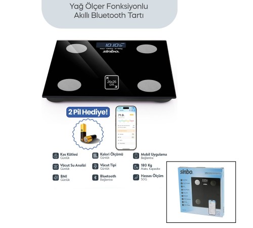 BASKÜL SİYAH YAĞ ÖLÇER AKILLI BLUETOOTH CAM BASKÜL