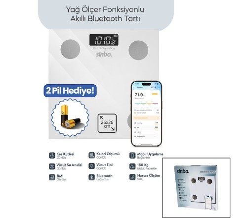 BASKÜL BEYAZ YAĞ ÖLÇER AKILLI BLUETOOTH CAM BASKÜL