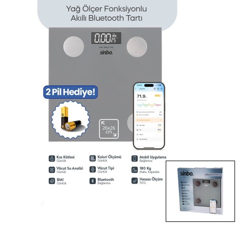 BASKÜL GRİ YAĞ ÖLÇER AKILLI BLUETOOTH CAM BASKÜL