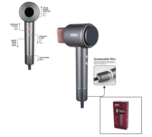 SİNBO SHD-1717 BLDC TURBO MOTOR TOKMAK MODEL SAÇ KURUTMA MAKİNESİ 1600W 2-KDM.HIZ 3-KDM.SICAKLIK YAPIŞKANLI ASKI