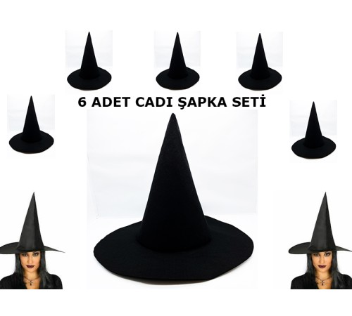 Siyah Cadı Şapkası Keçe Yetişkin Boy 6 Adet