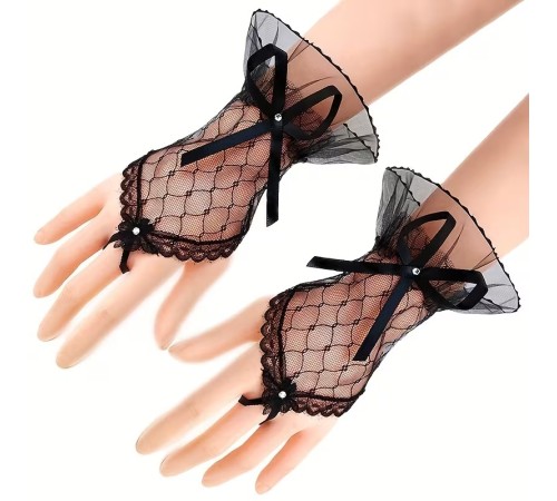 Siyah Dantel Fiyonklu Parmak Halkalı Kadın Eldiveni