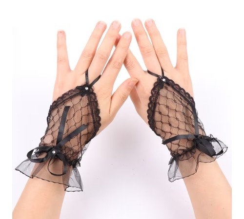 Siyah Dantel Fiyonklu Parmak Halkalı Kadın Eldiveni