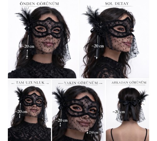 Siyah Dantel Tüllü Peçeli Parti Maskesi - Tüylü İnci Detaylı