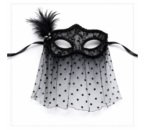 Siyah Dantel Tüllü Peçeli Parti Maskesi - Tüylü İnci Detaylı