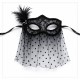 Siyah Dantel Tüllü Peçeli Parti Maskesi - Tüylü İnci Detaylı