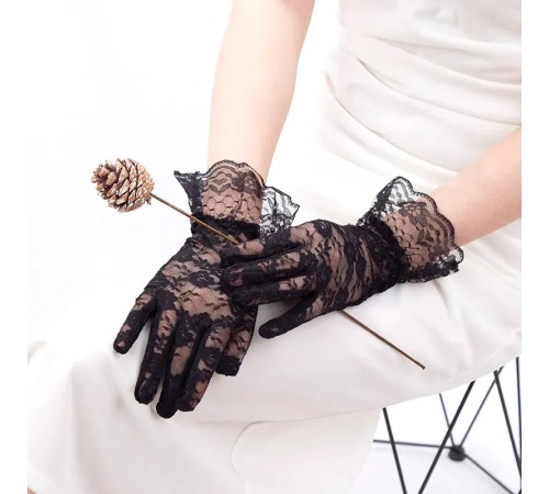 Siyah Güpürlü Dantel Eldiven Kısa – Vintage Zarif Kadın Eldiveni