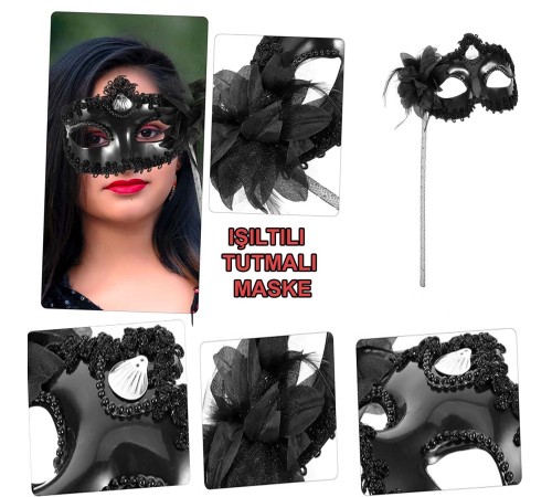 Siyah Işıltılı Tutmalı Fotoğraf Çekimi Maskesi 18x29 cm