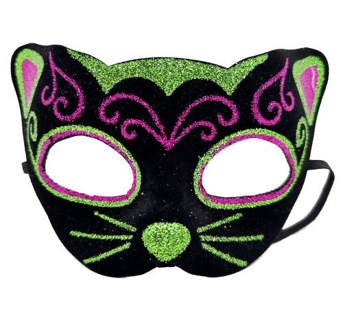 Siyah Kadife Kaplama Üzeri Pembe Yeşil Sim İşlemeli Kedi Maskesi 20x13 cm