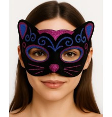 Siyah Kadife Kaplama Üzeri Pembe Mavi Sim İşlemeli Kedi Maskesi 20x13 cm