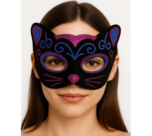 Siyah Kadife Kaplama Üzeri Pembe Mavi Sim İşlemeli Kedi Maskesi 20x13 cm