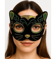 Siyah Kadife Kaplama Üzeri Sarı Yeşil Sim İşlemeli Kedi Maskesi 20x13 cm