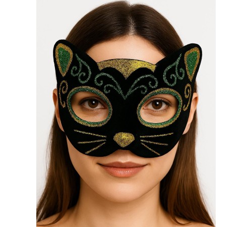 Siyah Kadife Kaplama Üzeri Sarı Yeşil Sim İşlemeli Kedi Maskesi 20x13 cm