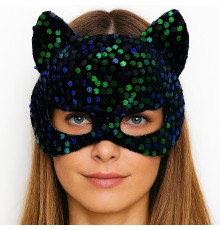 Siyah Kadife Kumaş Üzerine Mavi Yeşil Payetli Pullu Parti Maskesi 16x14 cm