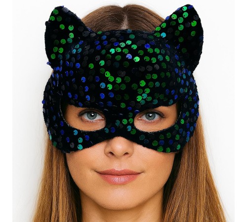 Siyah Kadife Kumaş Üzerine Mavi Yeşil Payetli Pullu Parti Maskesi 16x14 cm