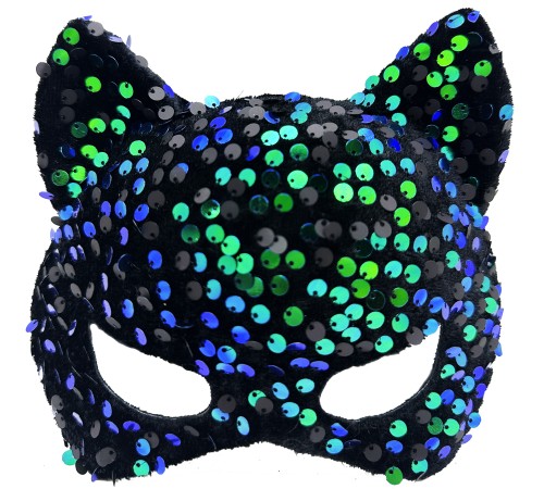 Siyah Kadife Kumaş Üzerine Mavi Yeşil Payetli Pullu Parti Maskesi 16x14 cm