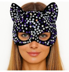 Siyah Kadife Kumaş Üzerine Mor Beyaz Payetli Pullu Parti Maskesi 16x14 cm