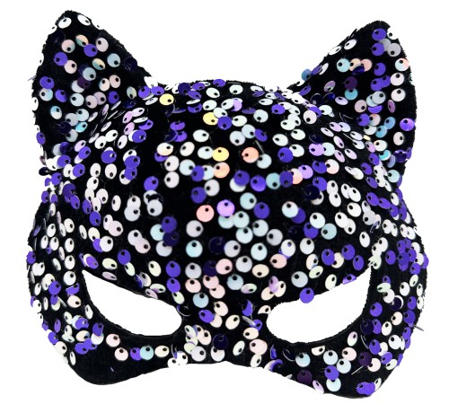 Siyah Kadife Kumaş Üzerine Mor Beyaz Payetli Pullu Parti Maskesi 16x14 cm