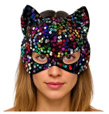 Siyah Kadife Kumaş Üzerine Rengarenk Payetli Pullu Parti Maskesi 16x14 cm