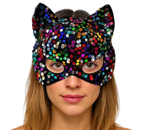 Siyah Kadife Kumaş Üzerine Rengarenk Payetli Pullu Parti Maskesi 16x14 cm